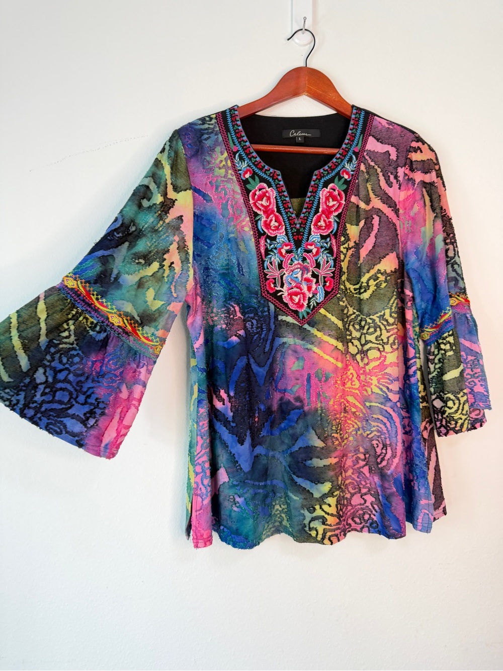 Calessa Boho Embroidered Tunic Top‎ Womens Artsy Colorful Floral 3/4 Bell Sleeve
